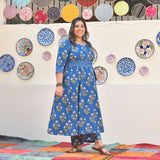 Cobalt Blue Floral Chikan Lace Cotton Anarkali Set