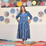 Cobalt Blue Floral Chikan Lace Cotton Anarkali Set