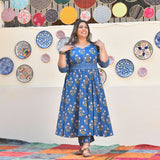 Cobalt Blue Floral Chikan Lace Cotton Anarkali Set