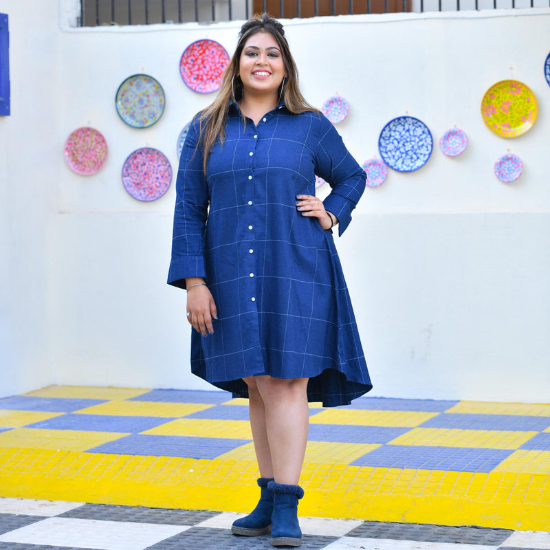 Fun Blue Woollen Shirt Dress