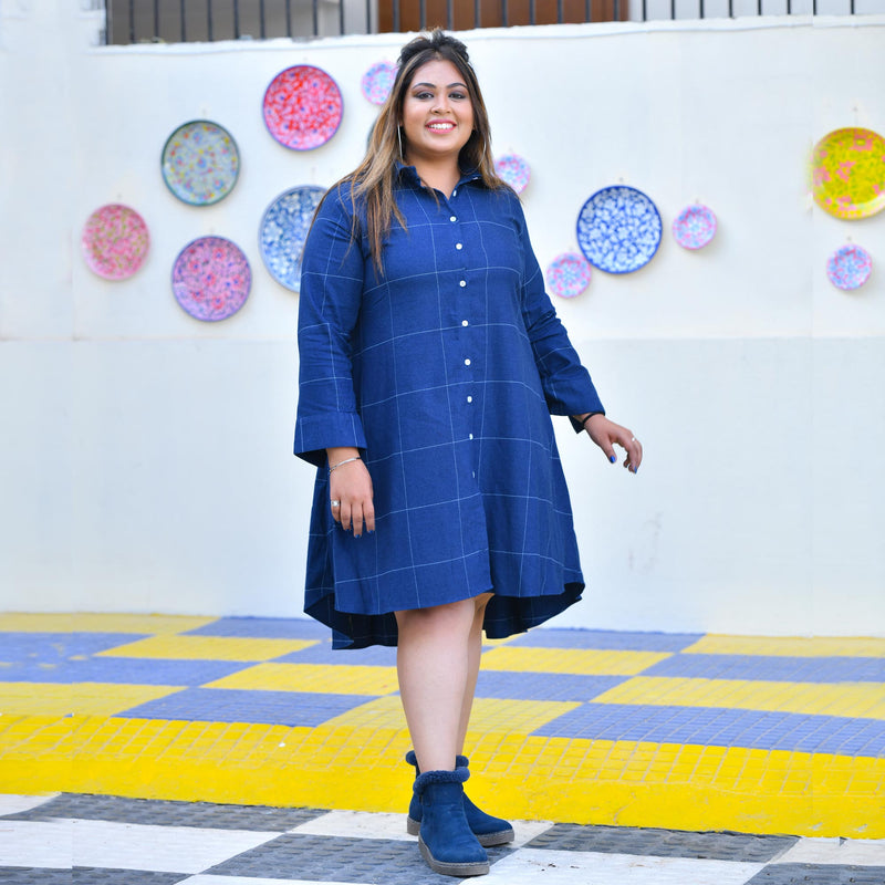 Fun Blue Woollen Shirt Dress