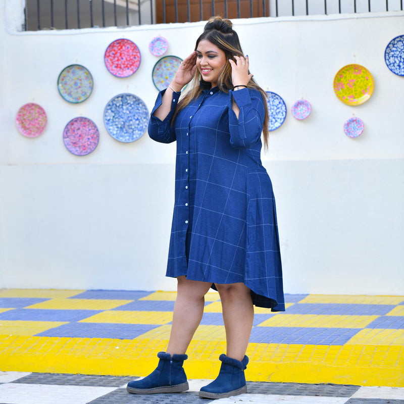 Fun Blue Woollen Shirt Dress