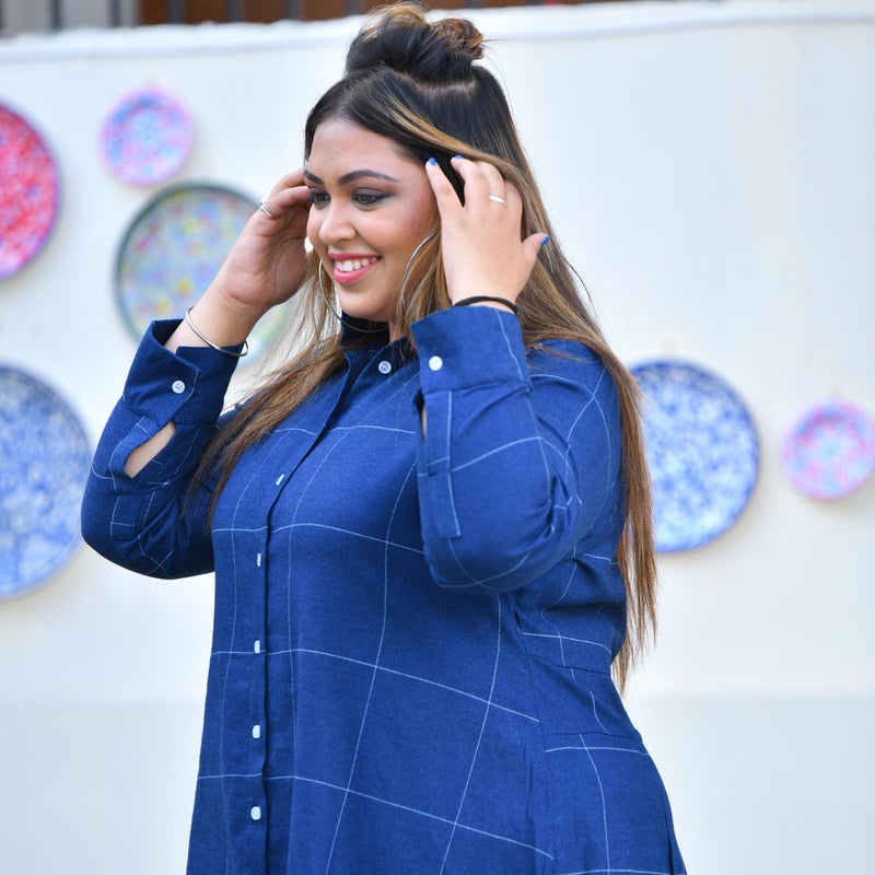 Fun Blue Woollen Shirt Dress