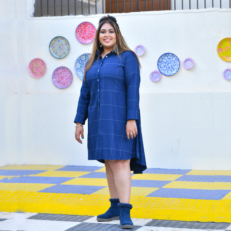 Fun Blue Woollen Shirt Dress