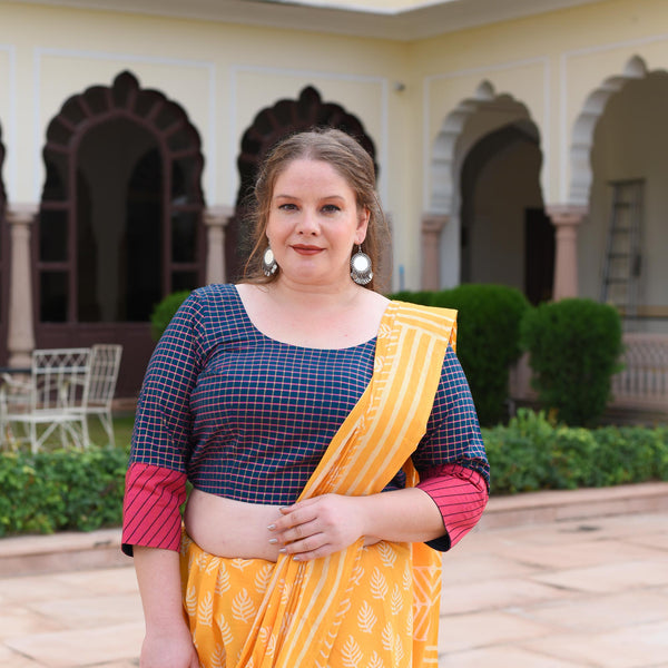 Navy Blue & Rani Checks Blouse