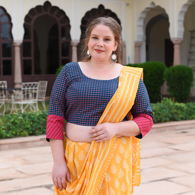Navy Blue & Rani Checks Blouse