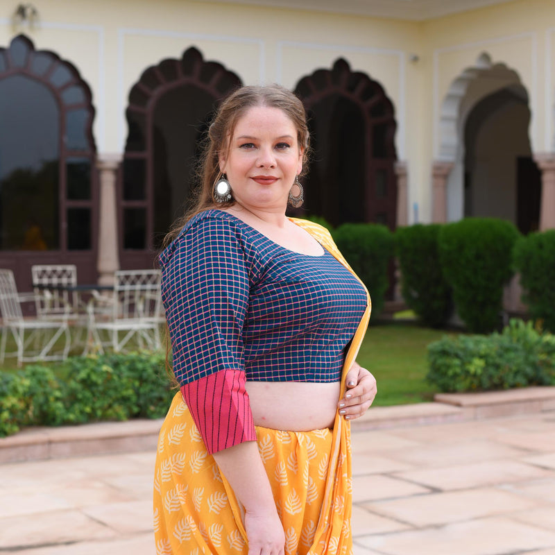 Navy Blue & Rani Checks Blouse