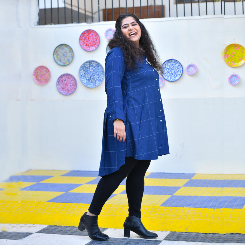 Fun Blue Woollen Shirt Dress