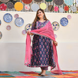 Blue Rasberry Floral Cotton Aline Slit Kurta