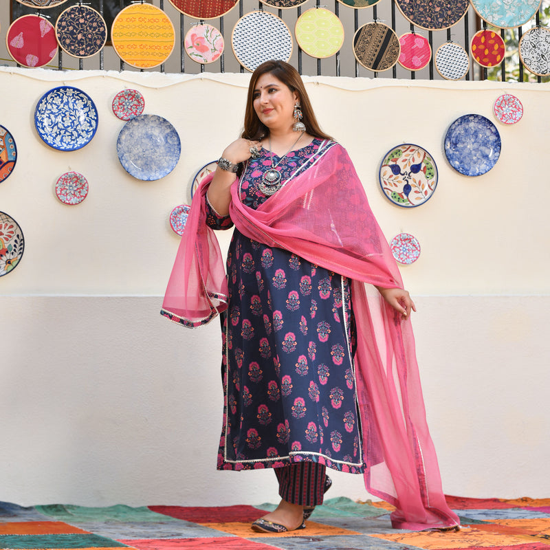 Blue Rasberry Floral Cotton Aline Slit Kurta