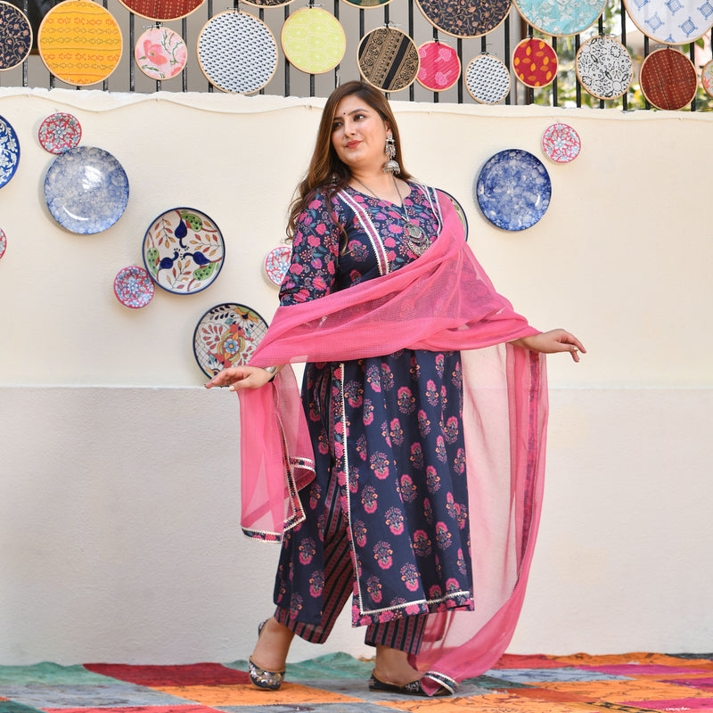 Blue Rasberry Floral Cotton Aline Slit Kurta
