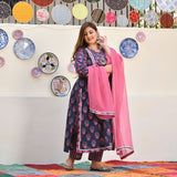 Blue Rasberry Floral Cotton Aline Slit Kurta