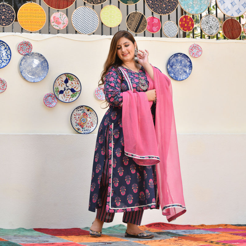 Blue Rasberry Floral Cotton Aline Slit Kurta