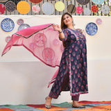 Blue Rasberry Floral Cotton Aline Slit Kurta