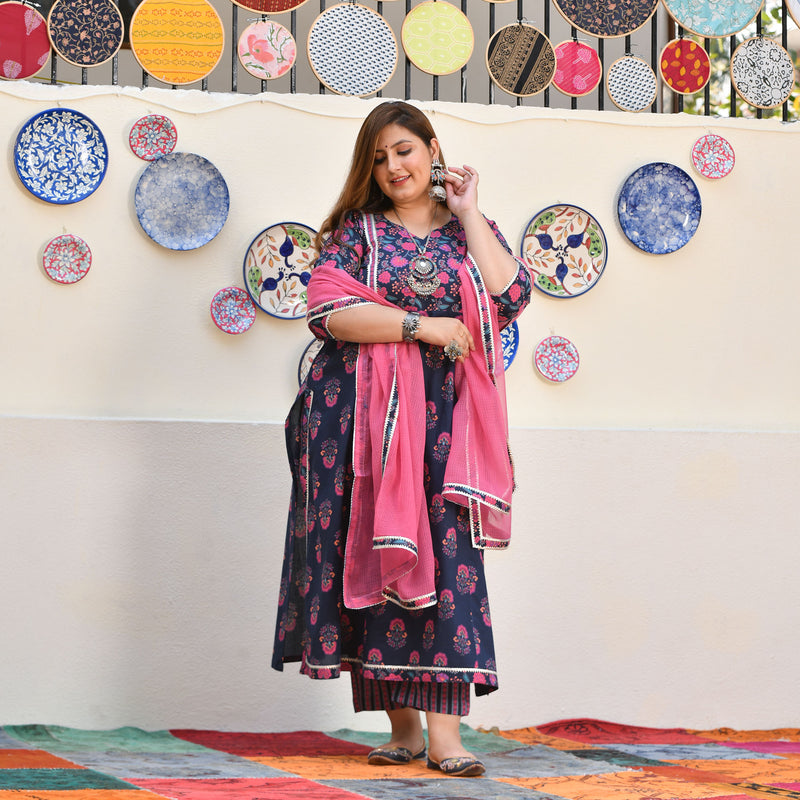 Blue Rasberry Floral Cotton Aline Slit Kurta
