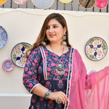 Blue Rasberry Floral Cotton Aline Slit Kurta