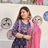 Blue Rasberry Floral Cotton Aline Slit Kurta