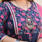 Blue Rasberry Floral Cotton Aline Slit Kurta