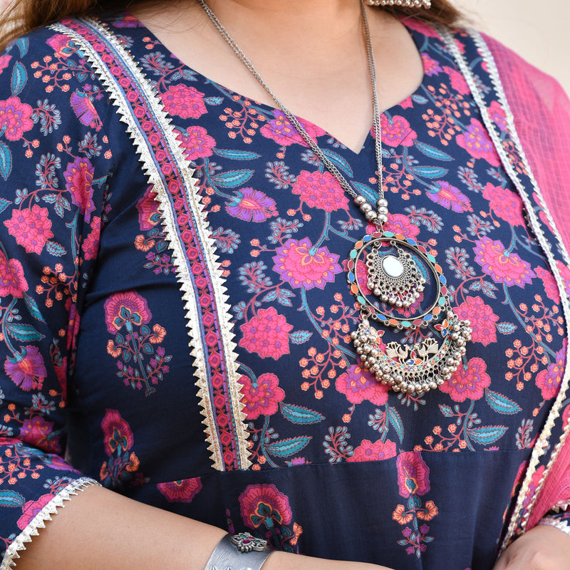 Blue Rasberry Floral Cotton Aline Slit Kurta