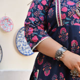 Blue Rasberry Floral Cotton Aline Slit Kurta
