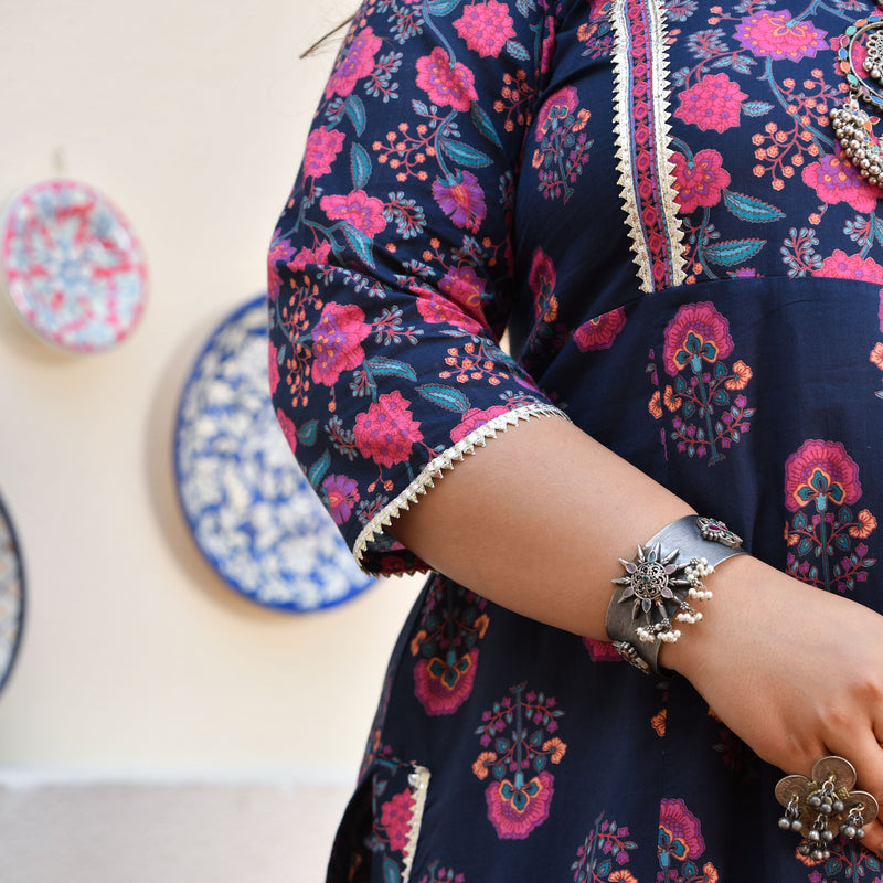 Blue Rasberry Floral Cotton Aline Slit Kurta