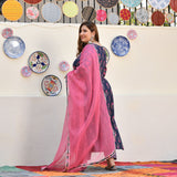 Blue Rasberry Floral Cotton Aline Slit Kurta