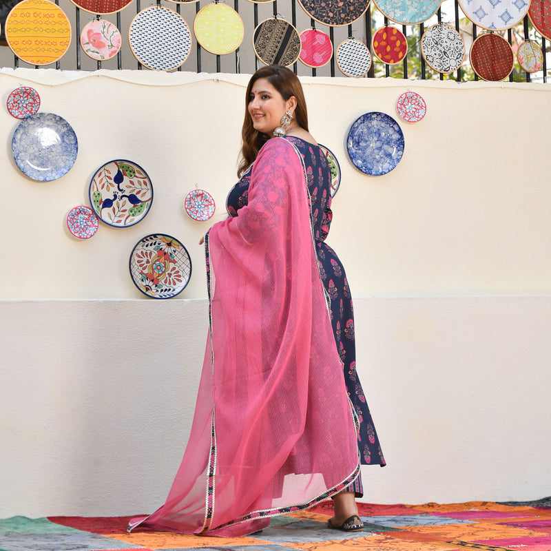 Blue Rasberry Floral Cotton Aline Slit Kurta