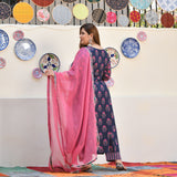 Blue Rasberry Floral Cotton Aline Slit Kurta
