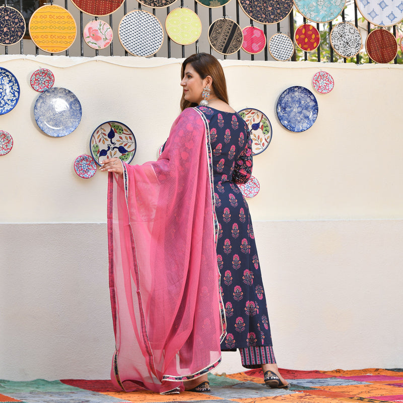 Blue Rasberry Floral Cotton Aline Slit Kurta