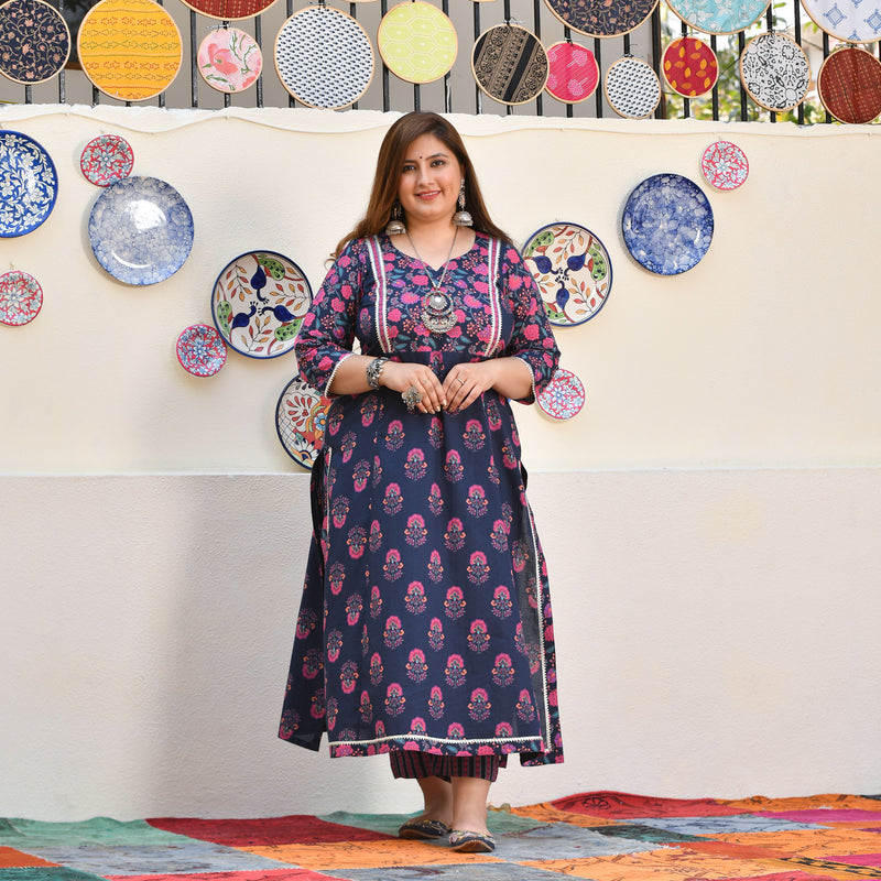 Blue Rasberry Floral Cotton Aline Slit Kurta