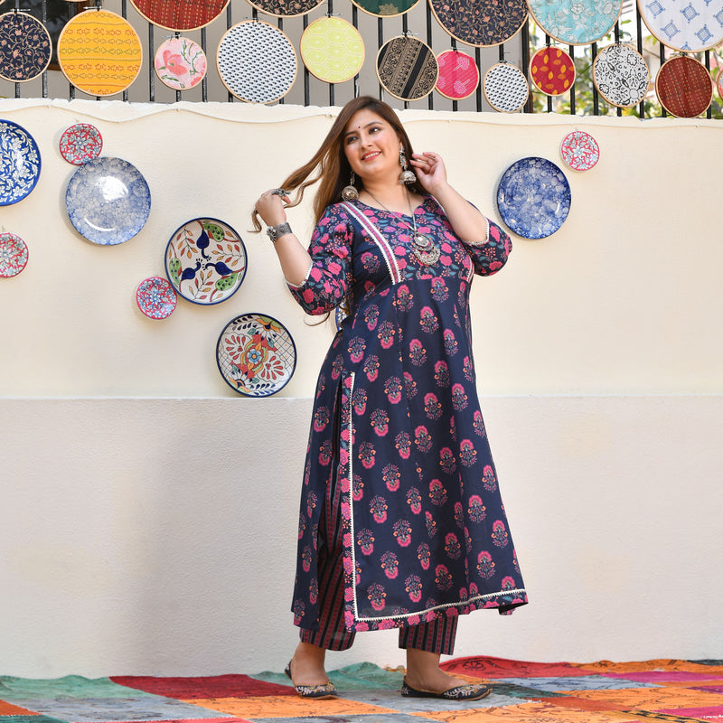Blue Rasberry Floral Cotton Aline Slit Kurta