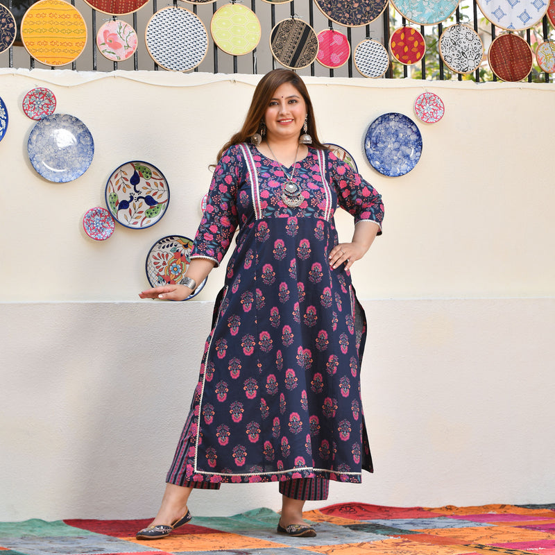 Blue Rasberry Floral Cotton Aline Slit Kurta
