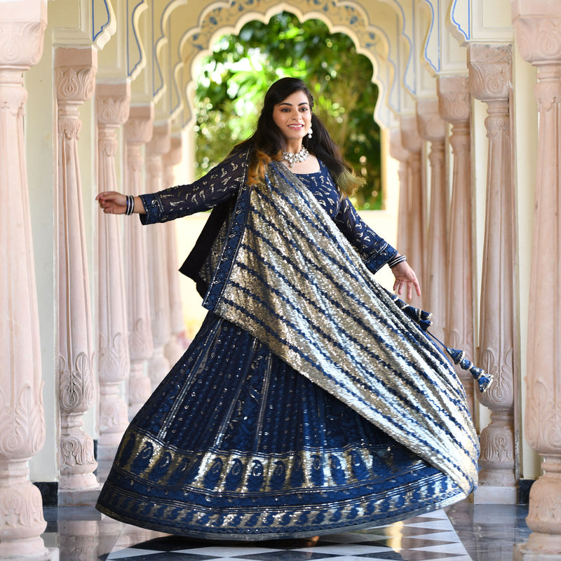 Lustrous Navy Sequin Embroidered Lehenga Set