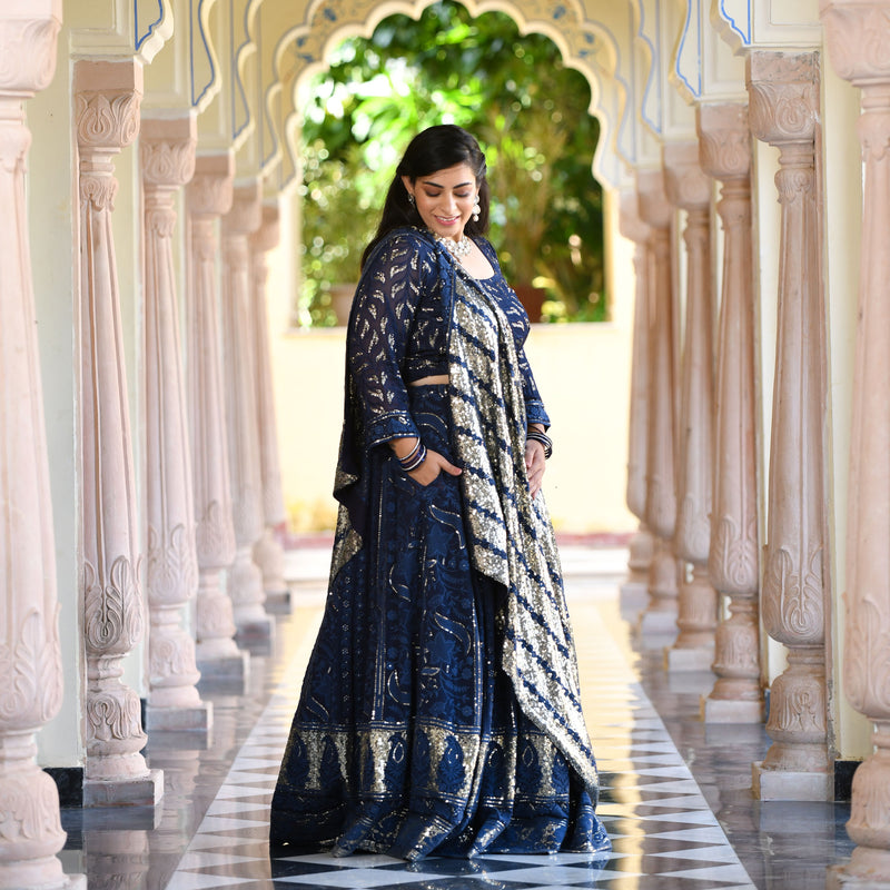 Lustrous Navy Sequin Embroidered Lehenga Set