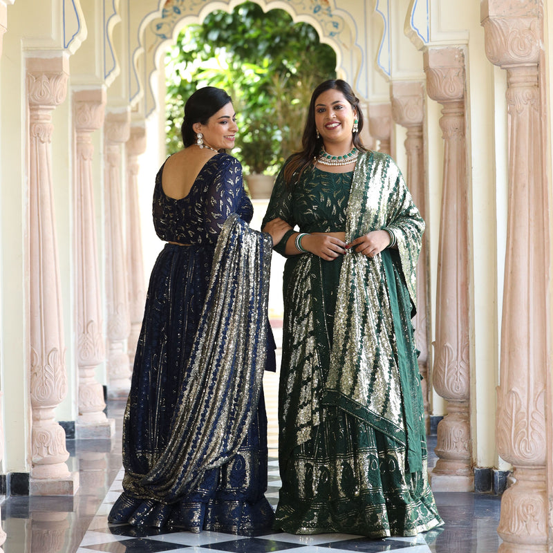 Sheen Dark Green Sequin Embroidered Lehenga Set