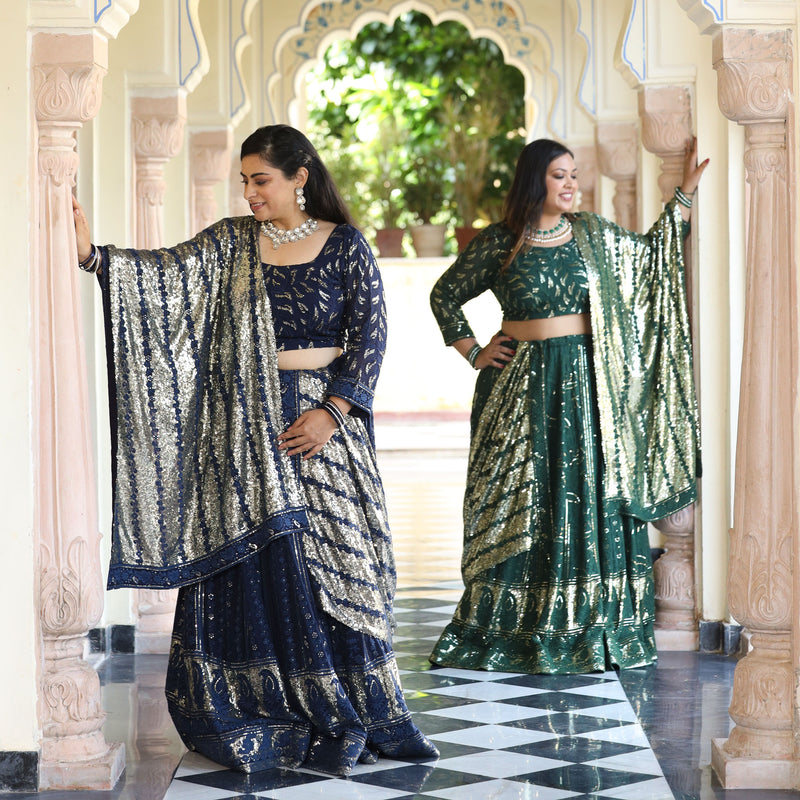 Sheen Dark Green Sequin Embroidered Lehenga Set