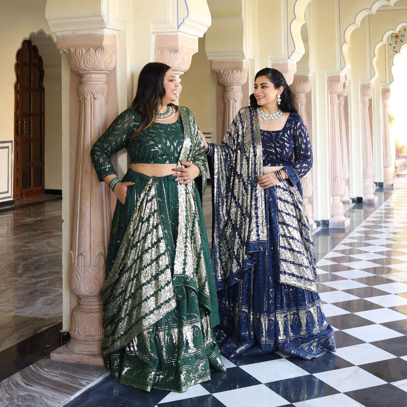Sheen Dark Green Sequin Embroidered Lehenga Set