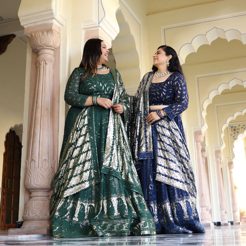 Sheen Dark Green Sequin Embroidered Lehenga Set