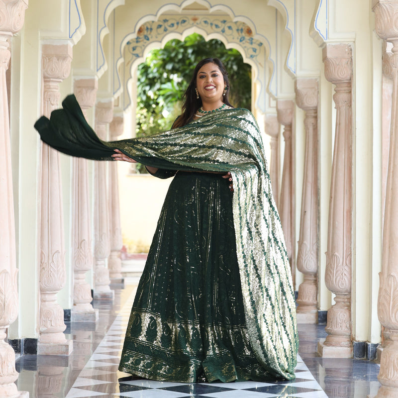 Sheen Dark Green Sequin Embroidered Lehenga Set