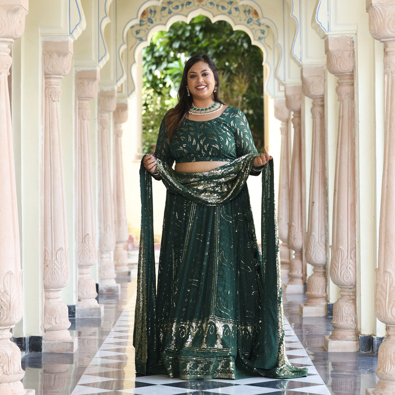 Sheen Dark Green Sequin Embroidered Lehenga Set
