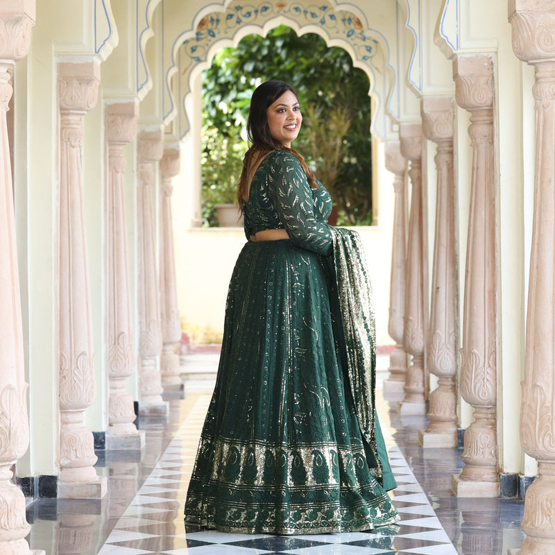 Sheen Dark Green Sequin Embroidered Lehenga Set