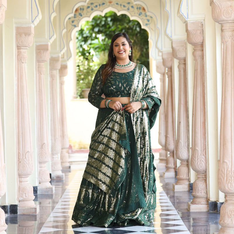 Sheen Dark Green Sequin Embroidered Lehenga Set