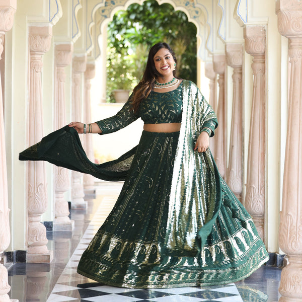 Sheen Dark Green Sequin Embroidered Lehenga Set Plus Size