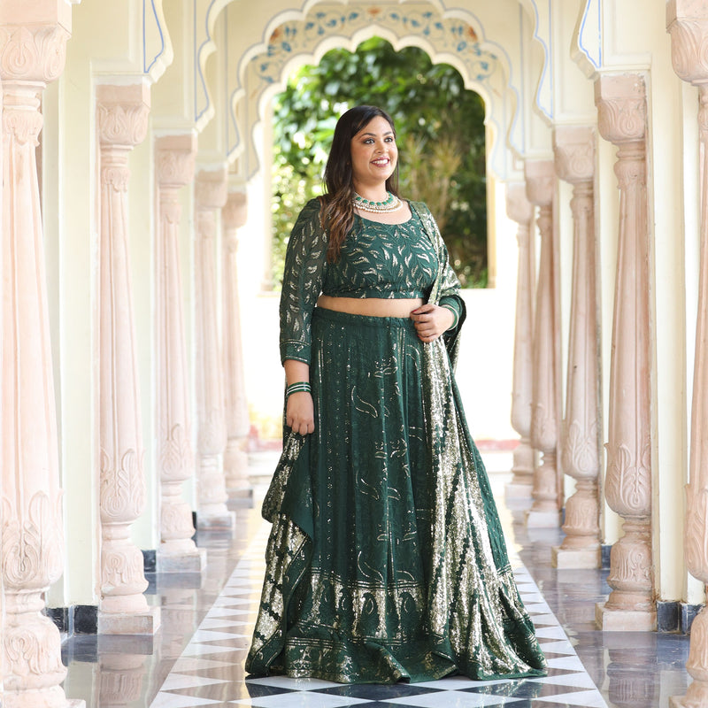 Sheen Dark Green Sequin Embroidered Lehenga Set