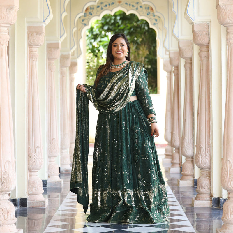 Sheen Dark Green Sequin Embroidered Lehenga Set