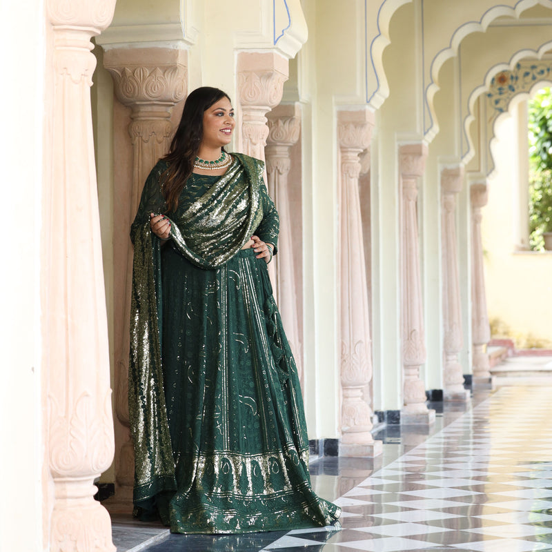 Sheen Dark Green Sequin Embroidered Lehenga Set