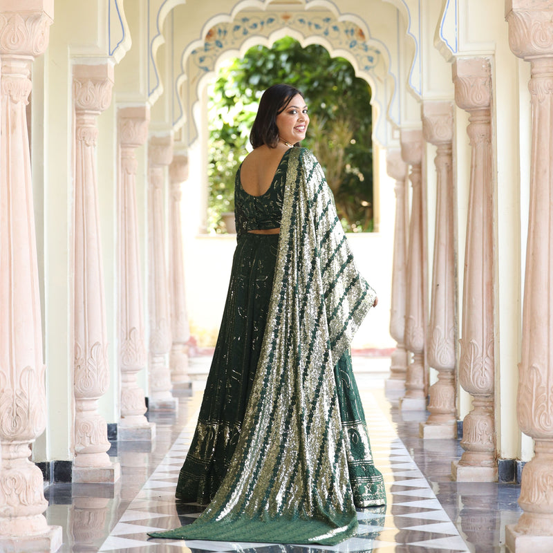 Sheen Dark Green Sequin Embroidered Lehenga Set