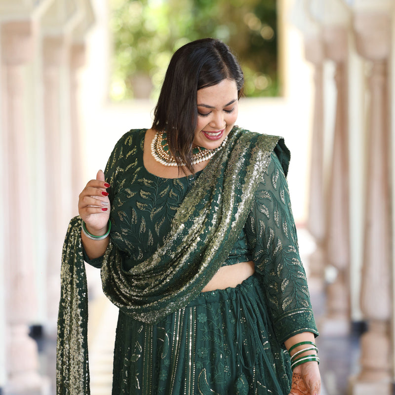 Sheen Dark Green Sequin Embroidered Lehenga Set