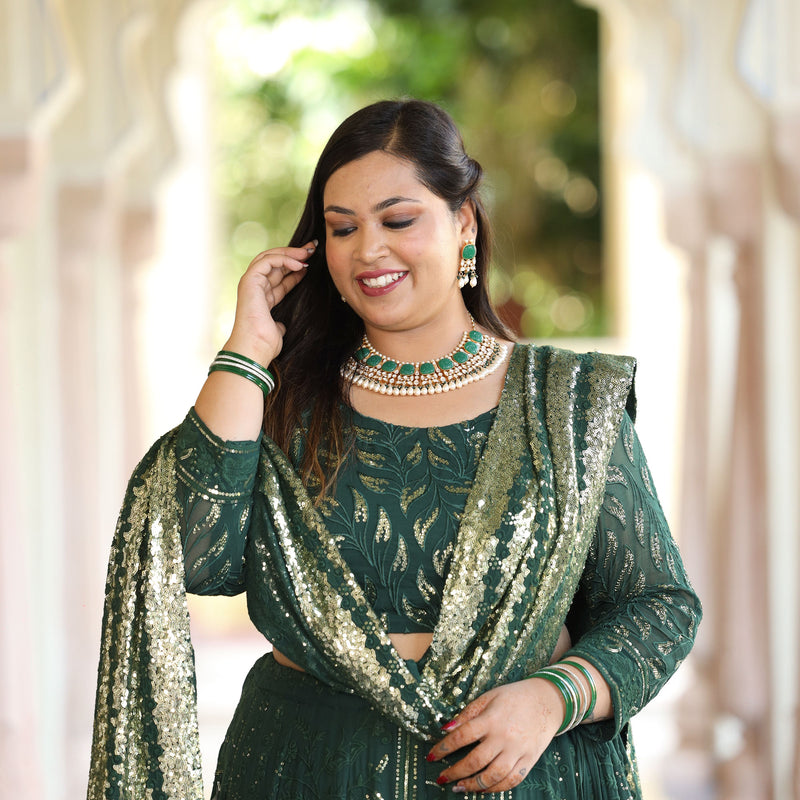 Sheen Dark Green Sequin Embroidered Lehenga Set