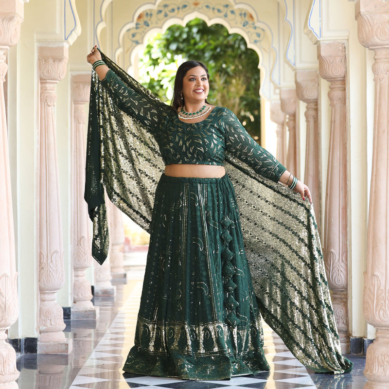 Sheen Dark Green Sequin Embroidered Lehenga Set